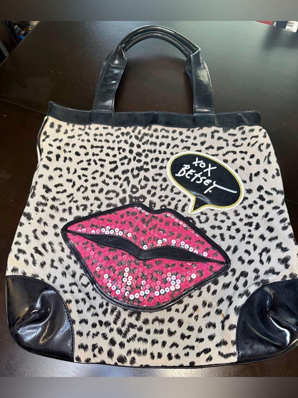 Betsey Johnson Leopard Tote with Pink Sequin Lips